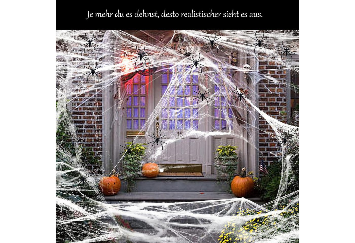 Sorvyzxn Dekoobjekt Halloween Deko, Spinnennetz & Plastik Spinnen, Dehnbare Spinnennetz (100 St), für Innen/Außen, Garten,Tür, Fenster, Horror Spukhaus, Hof Gru – Bild 4 von 5