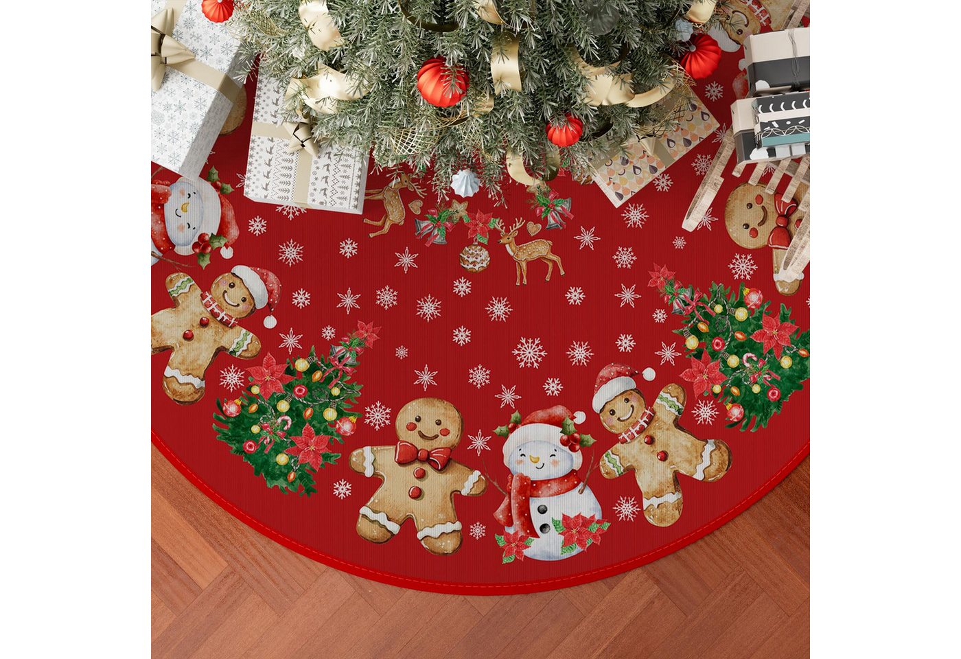Sorvyzxn Weihnachtsbaumdecke Weihnachtsbaumdecke 90 cm, Weihnachtsbaumrock zur Dekoration, Mit Lebkuchenmann, Schneemann, Rentier & Schneeflocken – Bild 2 von 5