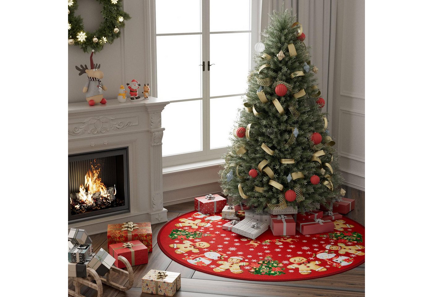 Sorvyzxn Weihnachtsbaumdecke Weihnachtsbaumdecke 90 cm, Weihnachtsbaumrock zur Dekoration, Mit Lebkuchenmann, Schneemann, Rentier & Schneeflocken – Bild 3 von 5