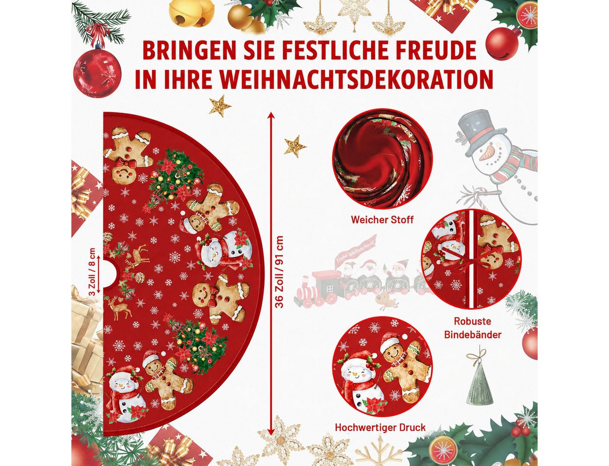 Sorvyzxn Weihnachtsbaumdecke Weihnachtsbaumdecke 90 cm, Weihnachtsbaumrock zur Dekoration, Mit Lebkuchenmann, Schneemann, Rentier & Schneeflocken – Bild 4 von 5