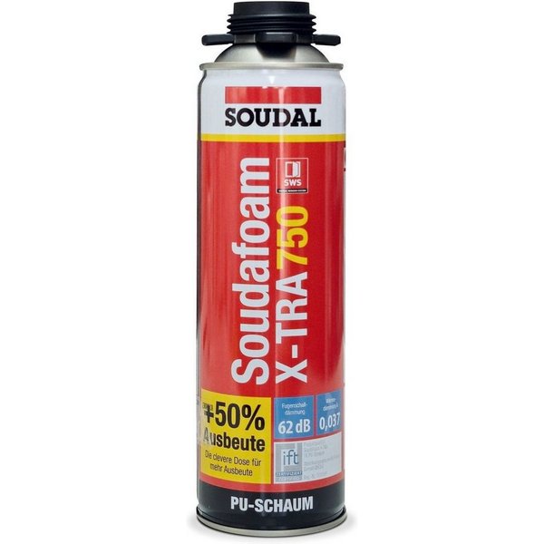 SOUDAL Sprühkleber Soudafoam X-tra 750 Gun B2 PU-Pistolenschaum Montageschaum - 500 ml, PU-Pistolenschaum B2 – hohe Ausbeute für Fenster & Türen
