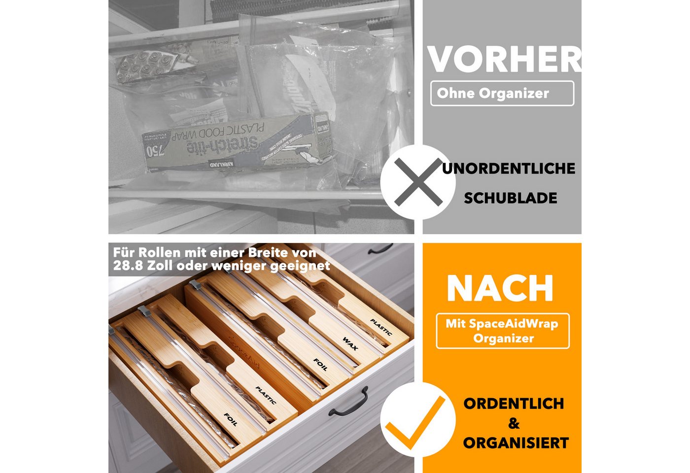 SpaceAid Folienspender Folienspender Mit Cutter, (2 in 1 Kunststofffolie, Aluminiumfolie und Wachs-Bambusspender), für Küche, Aufbewahrung – Bild 2 von 5