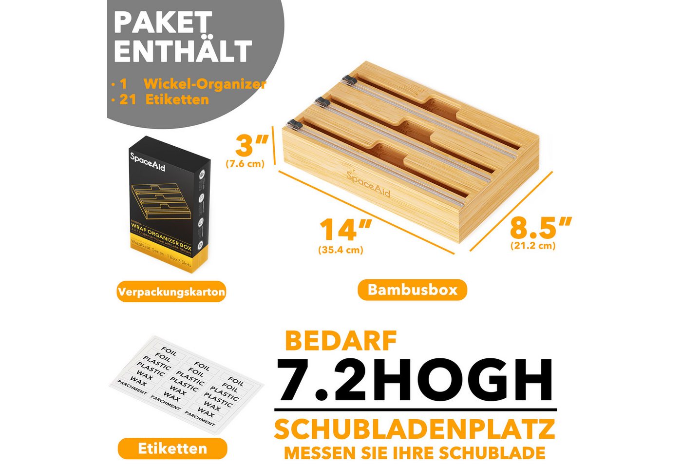 SpaceAid Folienspender Folienspender Mit Cutter, (2 in 1 Kunststofffolie, Aluminiumfolie und Wachs-Bambusspender), für Küche, Aufbewahrung – Bild 3 von 5