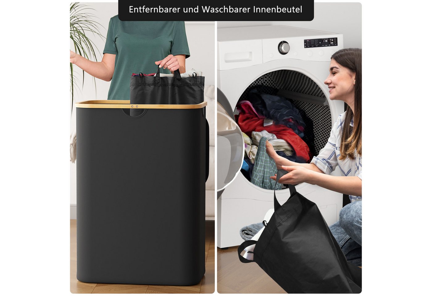 SpaceAid Wäschekorb mit Deckel (160L, Zweiteiliger Wäschekorb mit Deckel und abnehmbaren Wäschetaschen) – Bild 4 von 5