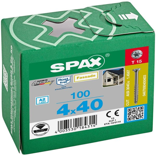 SPAX Fassadenschraube Fassadenschraube, Linsensenkkopf, Edelstahl A2, T-STAR plus TX 15, (100 St)