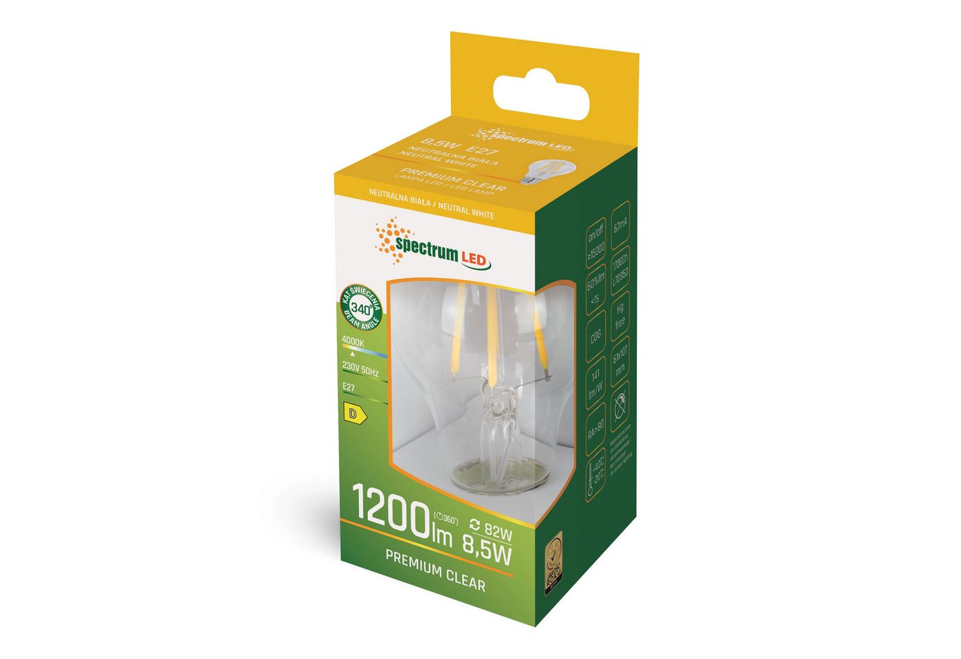 Spectrum LED-Leuchtmittel LED E27 A60 klar 8,5W = 82W 300° Birnenform 1200lm 230V Neutral 4000K, E27, Neutralweiß, Filament klar – Bild 2 von 2