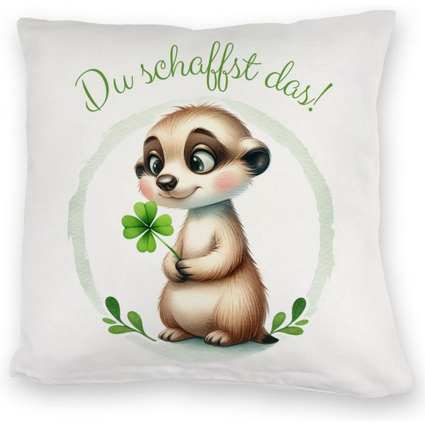 speecheese Dekokissen Erdmännchen mit Kleeblatt Kuschelkissen mit Spruch Du schaffst das