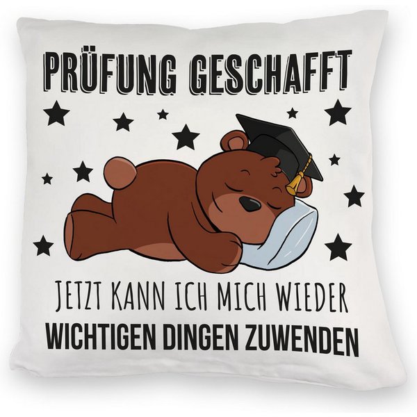 speecheese Dekokissen Schlafender Bär mit Doktorhut Kuschelkissen Spruch Prüfung bestanden