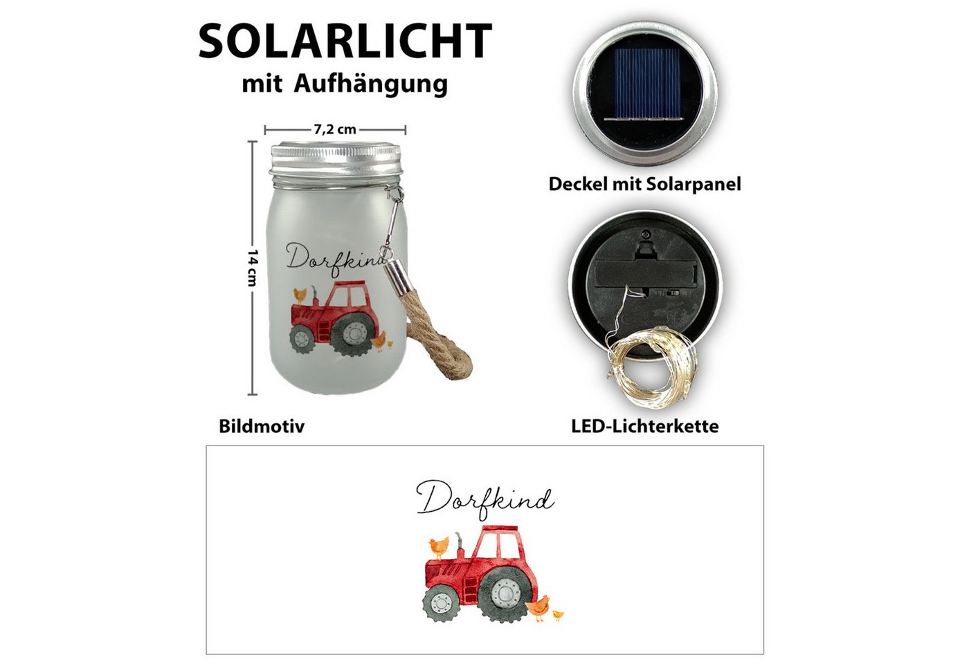 speecheese Dekolicht Dorfkind roter Traktor Solarlicht mit Spruch Dorfkind – Bild 2 von 2