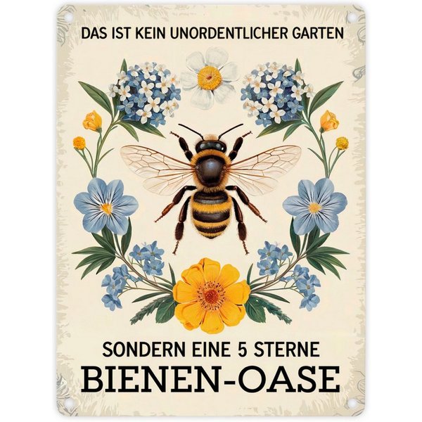speecheese Metallschild Biene mit Blumen DAS IST KEIN UNORDENTLICHER GARTEN Metallschild in