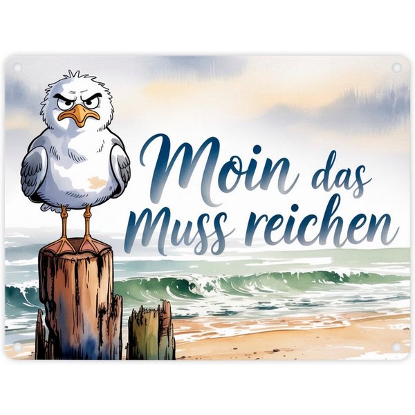 speecheese Metallschild Möwe Aquarell Moin Spruch Metallschild in 15x20 cm