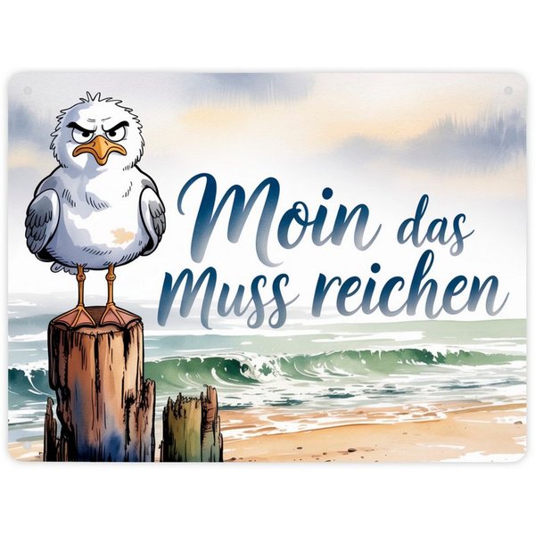 speecheese Metallschild Möwe Aquarell Moin Spruch Metallschild XL in 21x28 cm