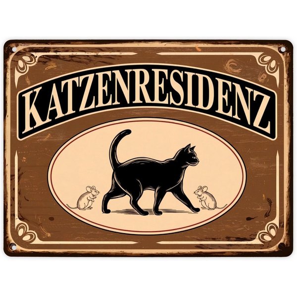 speecheese Metallschild Schwarze Katze mit Mäusen Katzenresidenz Metallschild XL in 21x28 cm