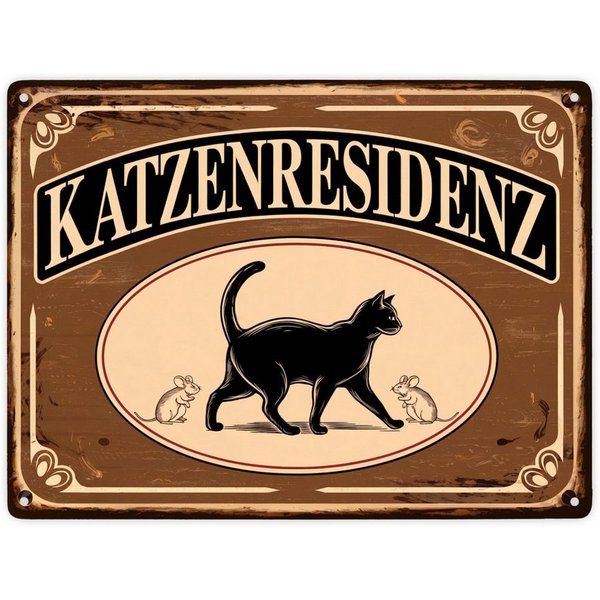 speecheese Metallschild Schwarze Katze mit Mäusen Katzenresidenz Metallschild XXL in 28x38 cm