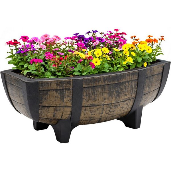 Spetebo Blumentopf Pflanzschale in Eichenfass Optik mit Drainageboden (Anzahl, 1 St., 41 x 30 cm), Blumenschale aus Kunststoff im Design eines halben Eichenfass