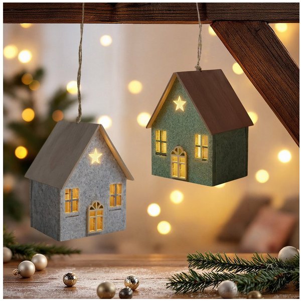 Spetebo Dekoobjekt LED Filz Winterhaus mit Holzdach 2er Set - 12 x 9 cm (Set, 1 St., 1), inklusive Batterie