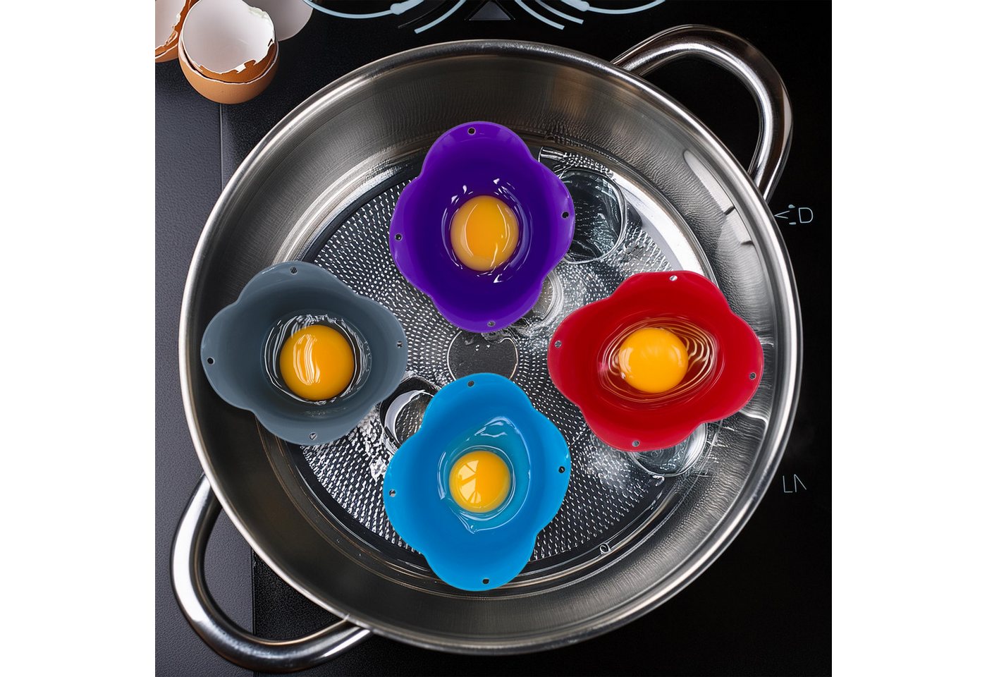 Spetebo Eier-Pochierer aus Silikon in 4 Farben sortiert, (Eierpochierform 4-tlg), Spülmaschinen geeignet – Bild 5 von 5