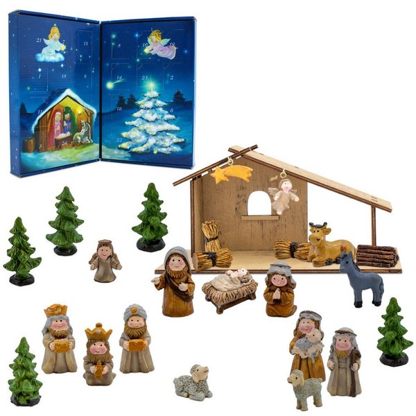 Spetebo Krippe Holz Tischkrippe mit 24 Figuren aus Kunststein (1-tlg), nutzbar als Adventskalender