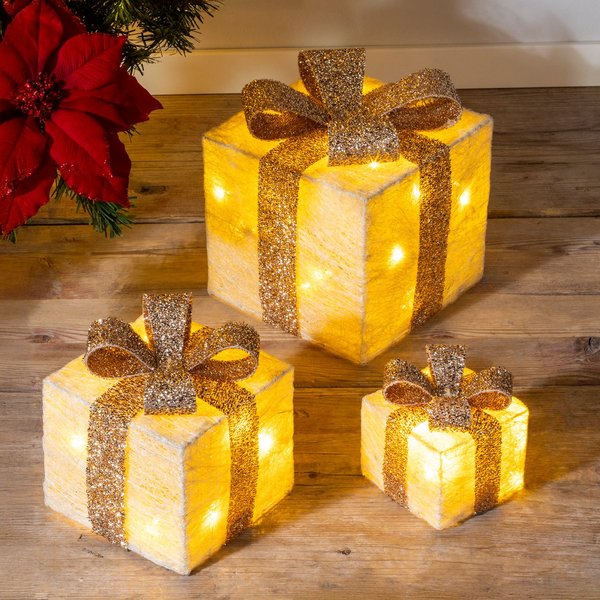 Spetebo LED Dekoobjekt LED Geschenkboxen mit Timer 3er Set - creme, Timerfunktion, LED fest verbaut, warm weiß, Weihnachts Deko Boxen warm weiß beleuchtet