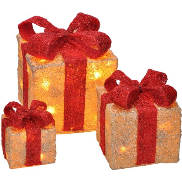 Spetebo LED Dekoobjekt LED Geschenkboxen mit Timer 3er Set - rot, Timerfunktion, LED fest verbaut, warm weiß, Weihnachts Deko Boxen warm weiß beleuchtet