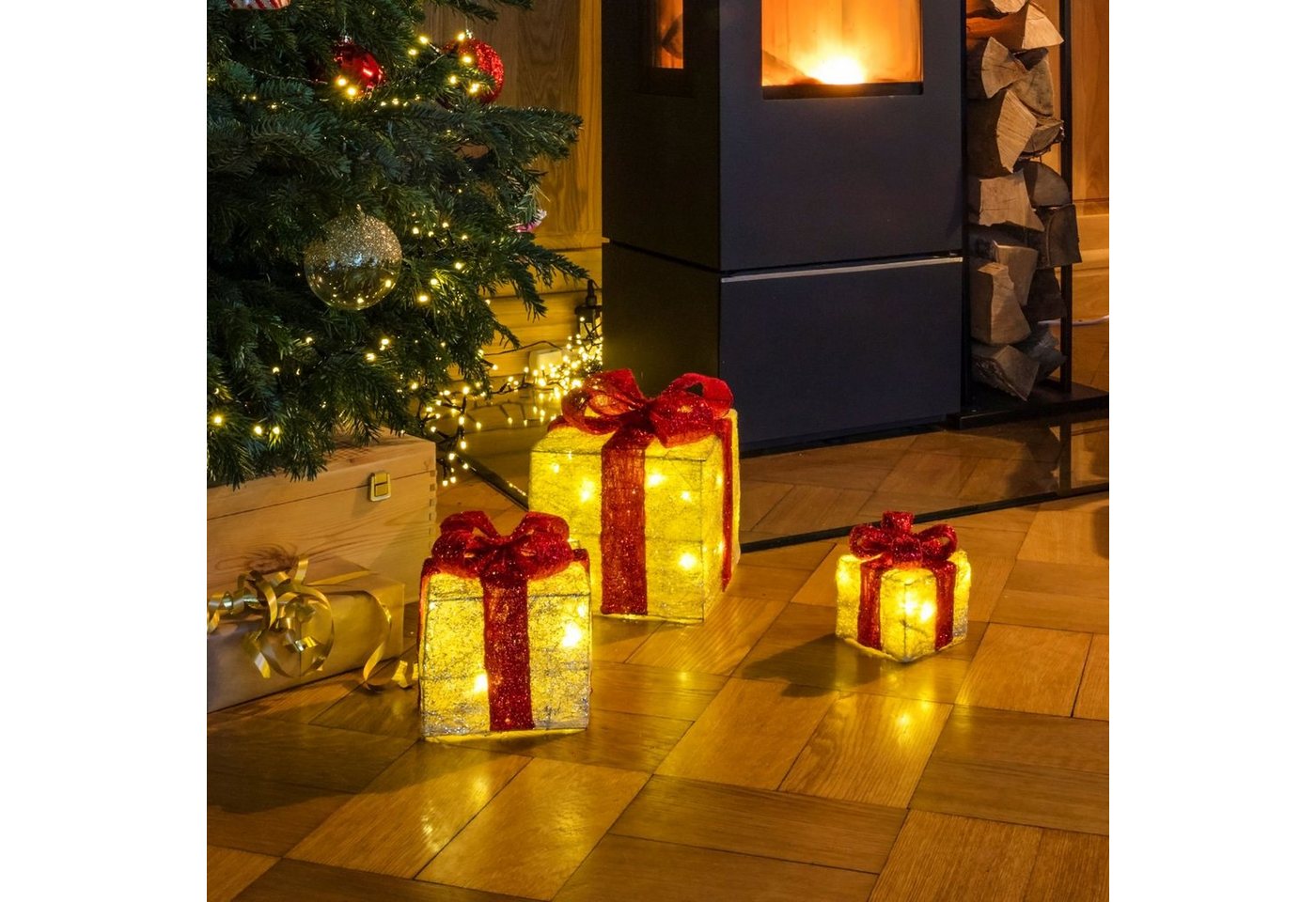 Spetebo LED Dekoobjekt LED Geschenkboxen mit Timer 3er Set - rot, Timerfunktion, LED fest verbaut, warm weiß, Weihnachts Deko Boxen warm weiß beleuchtet – Bild 2 von 2