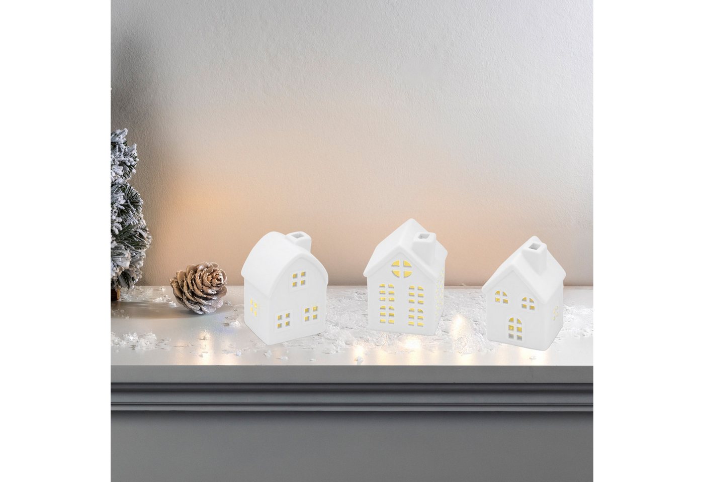 Spetebo LED Dekoobjekt LED Keramik Haus weiß, AN / AUS, LED fest integriert, warm weiß, Deko Weihnachtsdorf mit Beleuchtung in warm weiß – Bild 4 von 4