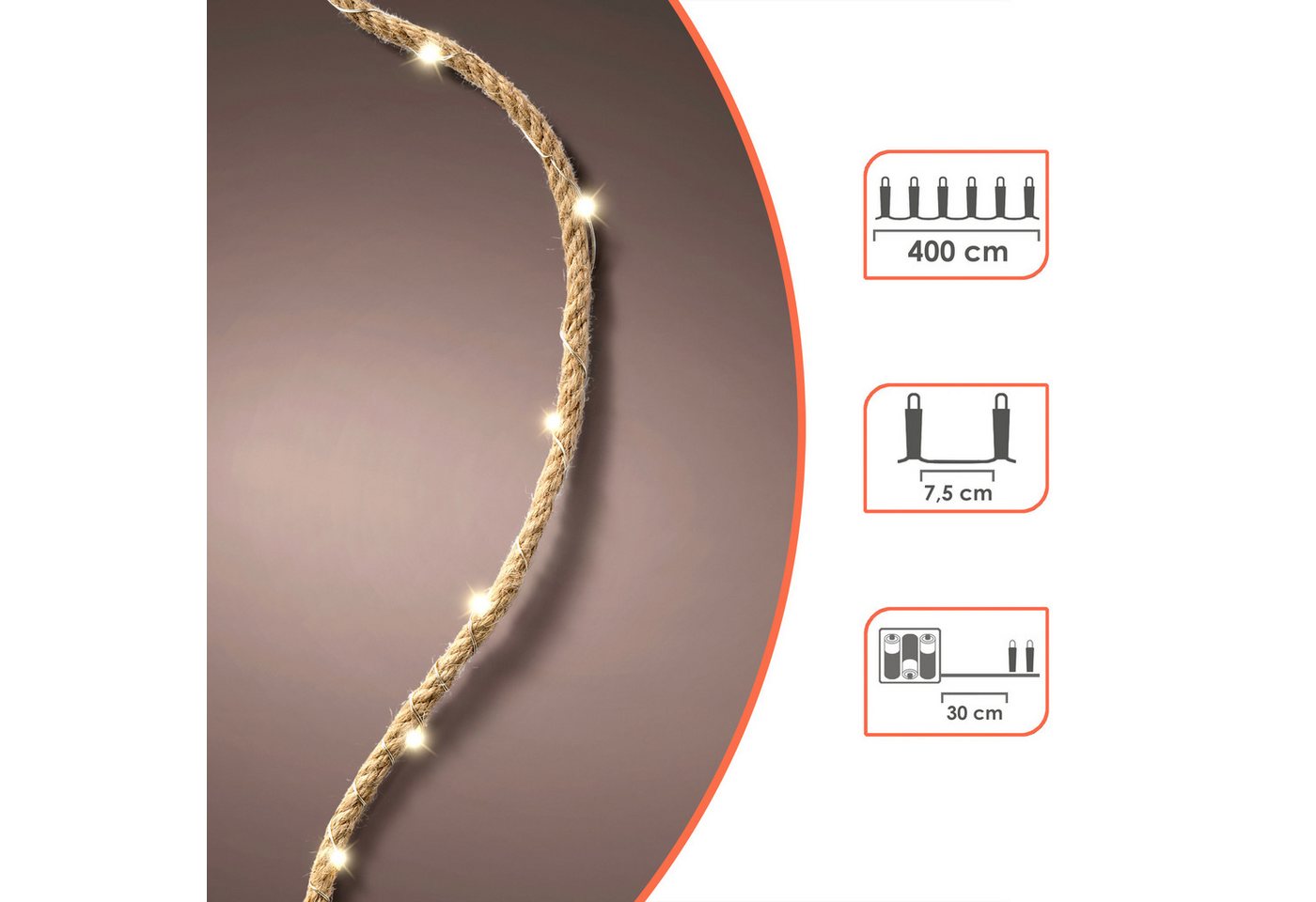 Spetebo LED-Lichterkette Tau mit Draht Lichterkette warm weiß mit Timer 400 cm, 60-flammig, Batterie betrieben – Bild 2 von 5