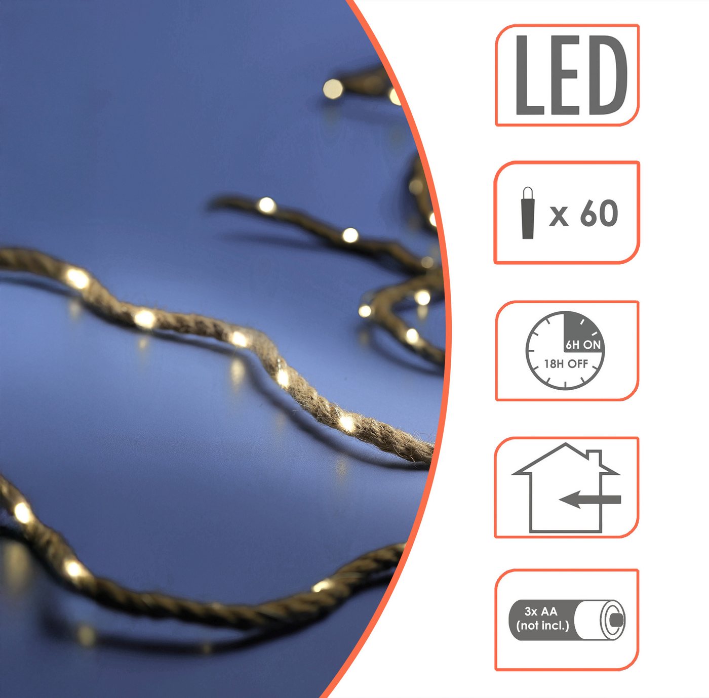 Spetebo LED-Lichterkette Tau mit Draht Lichterkette warm weiß mit Timer 400 cm, 60-flammig, Batterie betrieben – Bild 3 von 5