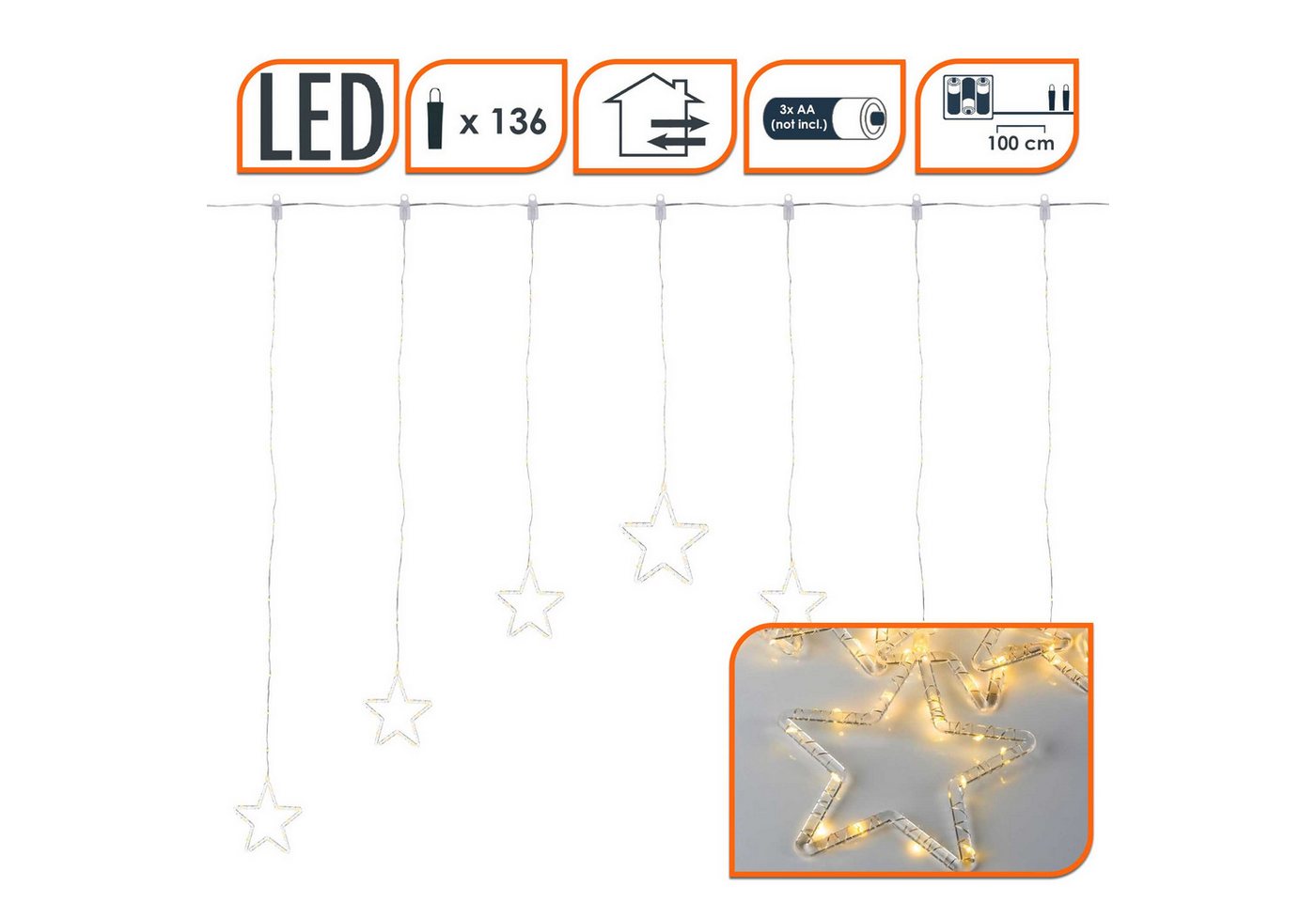Spetebo LED-Lichtervorhang LED Sternen Lichtervorhang warm weiß - 120 cm, 136-flammig, mit Timer – Bild 2 von 5