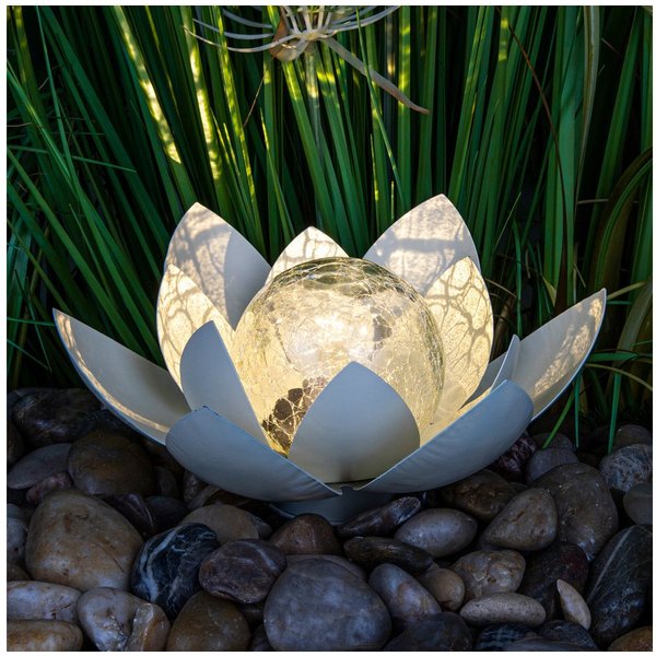 Spetebo LED Solarleuchte LED Solar Lotusblüte mit Crackleglas Kugel - 25 x 11 cm, LED, warm weiß, Garten Deko Kugelleuchte