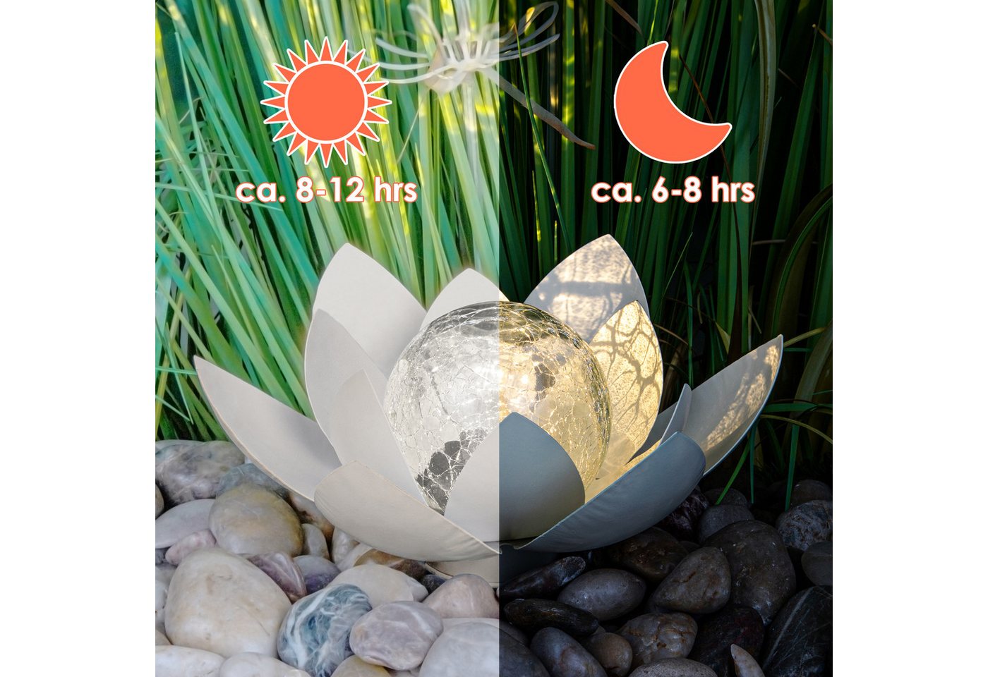 Spetebo LED Solarleuchte LED Solar Lotusblüte mit Crackleglas Kugel - 25 x 11 cm, LED, warm weiß, Garten Deko Kugelleuchte – Bild 4 von 4