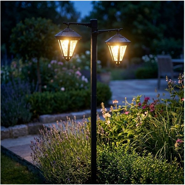 Spetebo LED Solarleuchte mit Dämmerungssensor und 2 höhenverstellbaren LED Leuchten, Höhenverstellbar, LED fest integriert, warm weiß, Automatische Einschaltung