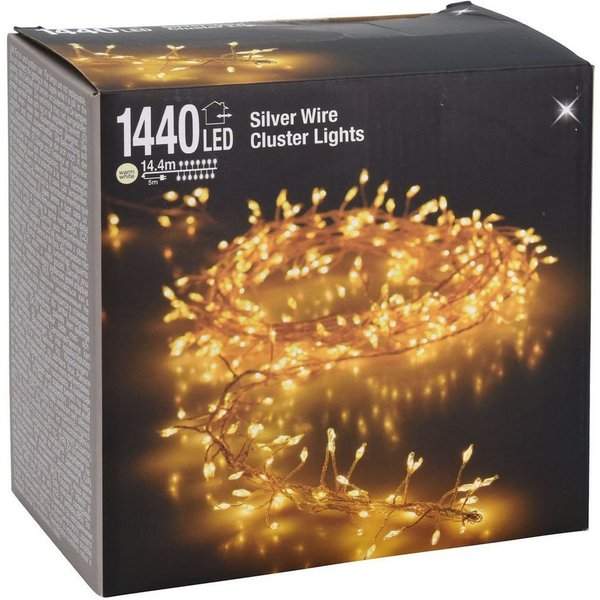 Spetebo Lichterkette Silver Wire CLUSTER Lights - 1440 LED, 1440-flammig, Micro Draht Büschel Lichterkette für Außen