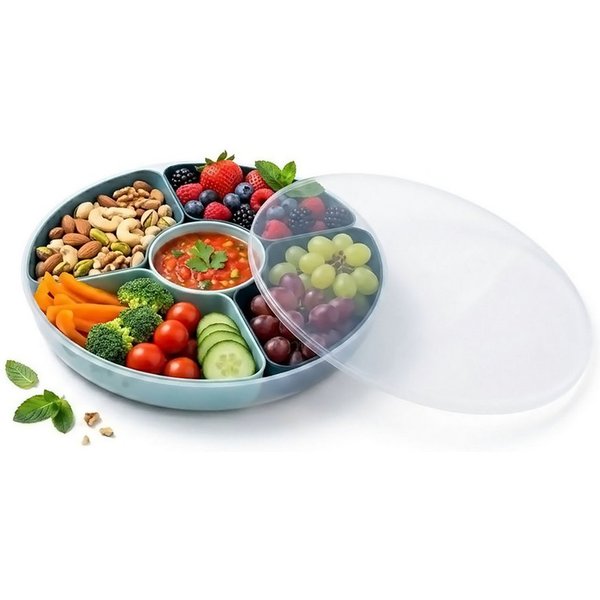 Spetebo Lunchbox Snackbox transparent mit 5 Fächern und Deckel, Kunststoff, (Anzahl, 1-tlg., 30 cm), Snackteller rund mit 5 entnehmbaren Snackschalen in grün