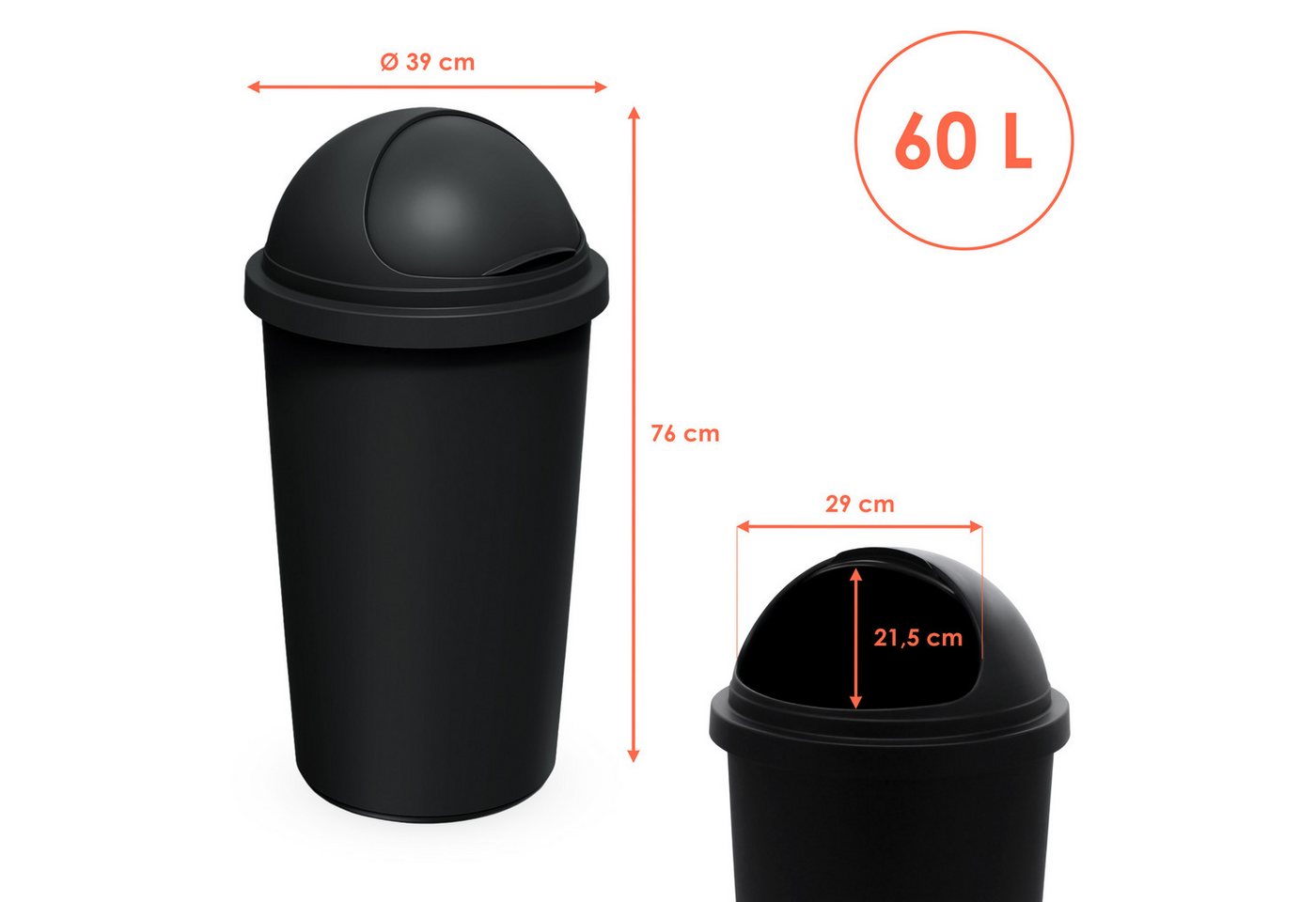 Spetebo Mülleimer aus Kunststoff in schwarz mit Kuppeldeckel und Schiebeöffnung, zu 100% wieder recycelbar – Bild 2 von 5