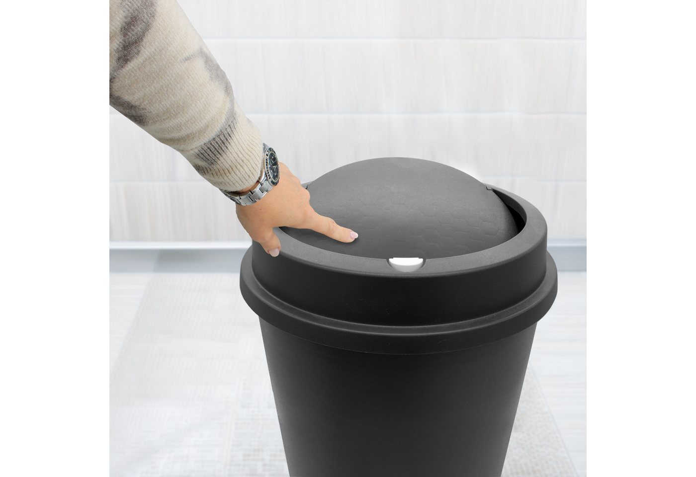 Spetebo Mülleimer XL Kunststoff Abfalleimer anthrazit mit Push Deckel - 50 L, Runder Mülleimer mit abnehmbaren Deckel – Bild 4 von 5