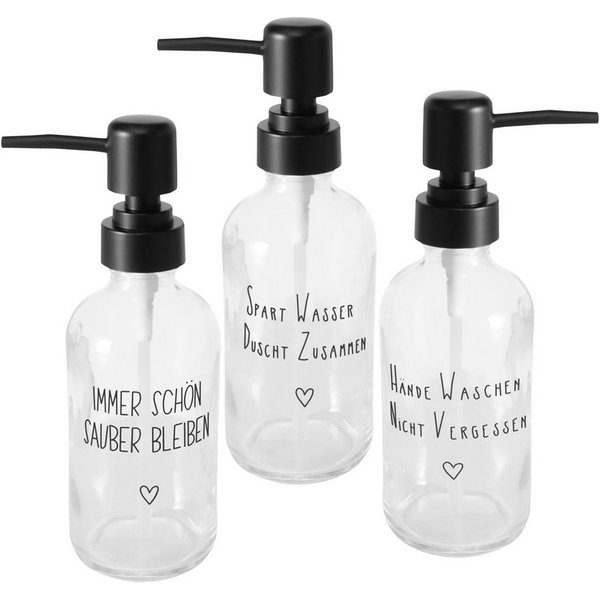 Spetebo Seifenspender Glas Pumpspender mit Spruch, (Set, 3-tlg., je 250 ml), nachfüllbar
