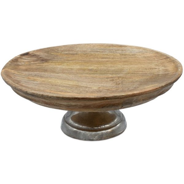 Spetebo Servierteller Mango Deko Teller mit Fuß aus Aluminium - Ø 30 cm, Holz, (Dekorativer Teller, 1-tlg., Inhalt), Holz Servierständer mit Metall Standfuß