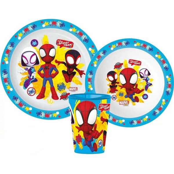 Spiderman Geschirr-Set Spidey und seine Freunde Kinder Frühstücks Set, 1 Personen, Kunststoff, Teller Schüssel Becher