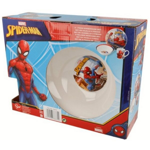 Spiderman Kindergeschirr-Set Snack Set 3 teilig aus Keramik mit Teller Schale und Tasse Geschenkbox (3-tlg), 1 Personen, Keramik, 3-Teilig