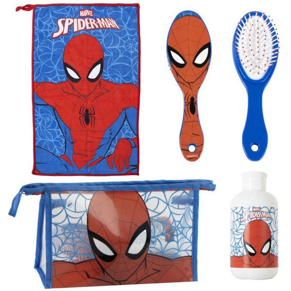 Spiderman Kulturbeutel - Kinder Waschset Haarbürste Handtuch Travel Zubehör (3-tlg)