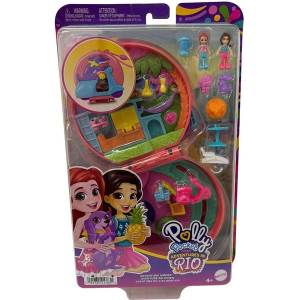 Polly Pocket Spielfigur Polly Pocket mit Moped-Schatulle, Adventures in Rio, 2 Mini-Puppen, 12