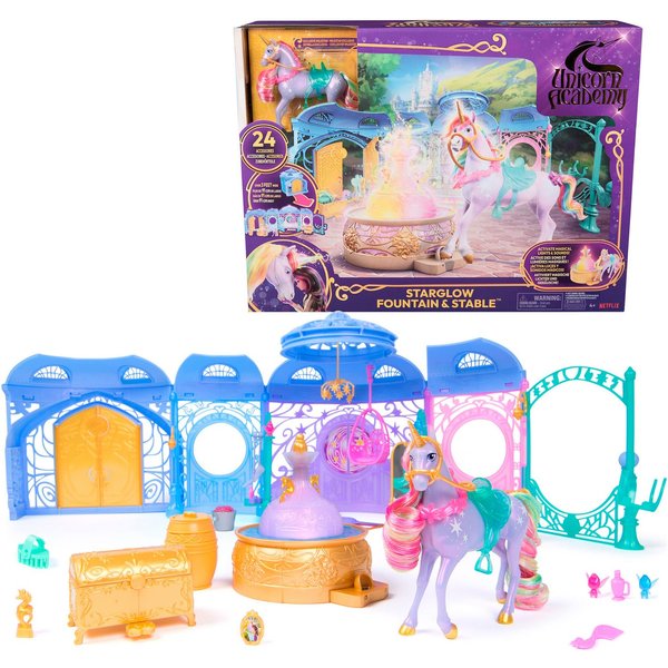 Spin Master Anziehpuppe Unicorn Academy - Stall Starglow Fountain & Stable, mit Licht und Sound
