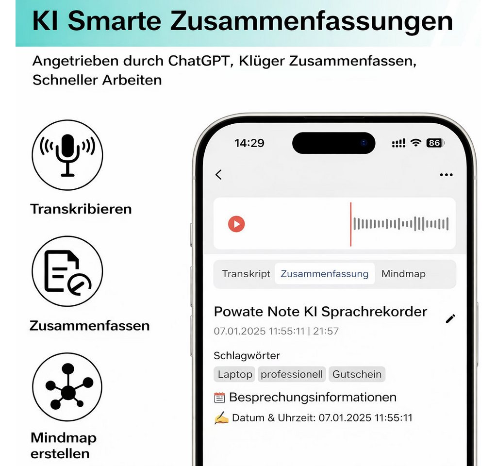 SpionProfi 64GB KI Diktiergerät Mini Slim mit Schreibfunktion Ton Aufnahmegerät Digitales Diktiergerät (Voice Recorder der 112 Sprachen übersetzen kann - Blueto – Bild 2 von 5
