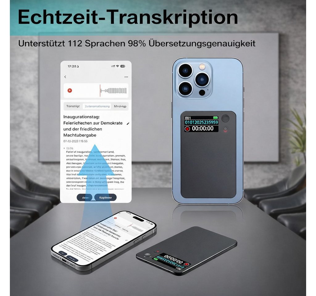 SpionProfi 64GB KI Diktiergerät Mini Slim mit Schreibfunktion Ton Aufnahmegerät Digitales Diktiergerät (Voice Recorder der 112 Sprachen übersetzen kann - Blueto – Bild 3 von 5