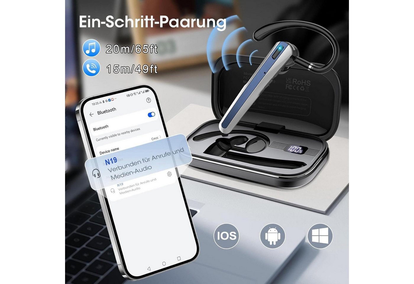 SpionProfi Bluetooth Headset Ear Freisprecheinrichtung Handy Telefon Anruf Musik Headset (Universal Bluetooth Headset - Musik, Telefonieren uvm) – Bild 3 von 5