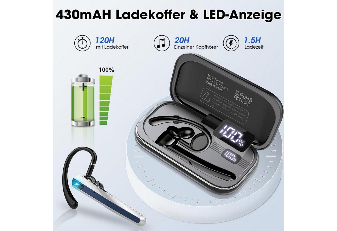 SpionProfi Bluetooth Headset Ear Freisprecheinrichtung Handy Telefon Anruf Musik Headset (Universal Bluetooth Headset - Musik, Telefonieren uvm) – Bild 5 von 5
