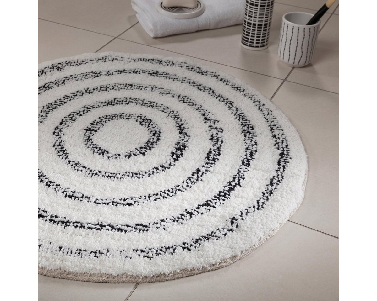 Badematte SATURN, Höhe 18 mm, rutschhemmend beschichtet, schnell trocknend, strapazierfähig, Baumwolle, rund, Badteppich mit Kreismuster, schwarz-weiß, 100% Bau – Bild 2 von 2