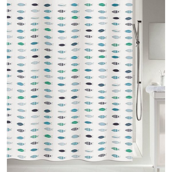 spirella Duschvorhang SANTORINI Breite 180 cm, Textil-Duschvorhang, 100% Polyester, wasserabweisend, Anti-Schimmel-Effekt, waschbar 30°, Made in Europe, Fische 