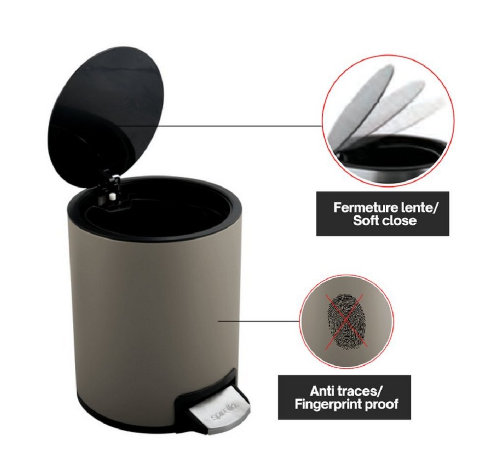 spirella Kosmetikeimer RIKU, Treteimer mit Softclose-Absenkautomatik, herausnehmbarem Inneneimer, Anti-Fingerprint-Beschichtung, 3L, taupe – Bild 2 von 5
